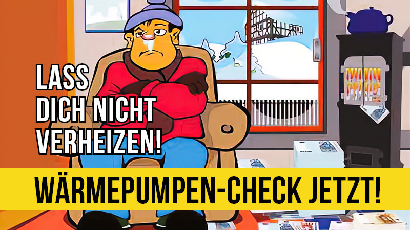 Mensch sitzt frierend in einem Sessel, während neben ihm Geldscheinstapel zu sehen sind, die er zum Verfeuern in seinem Ofen bereit gelegt hat.